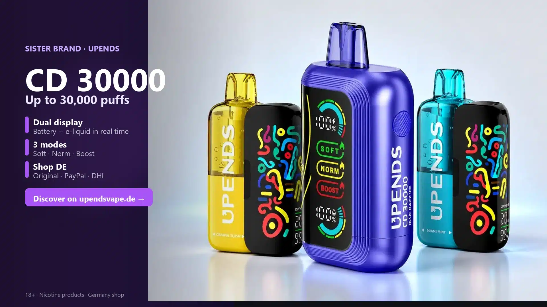 UPENDS CD30000 — 30,000 puffs, dual display, Soft/Norm/Boost — sister shop Germany